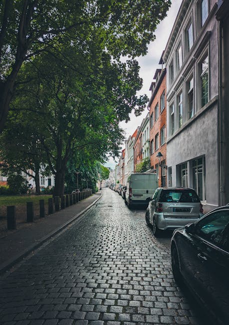 A street scene showing parked cars lining both sides of a narrow residential street with Victorian-style terraced houses featuring bay windows and decorative facades. Leafless trees are situated along the pavement, and some buildings have awnings and small front gardens, consistent with an urban home environment. The street appears to be in a city setting with overcast weather, and vehicles are parked close together, indicating limited parking space typical of narrow streets. Man With a Van Clapton’s home relocation and furniture transport services are relevant here, especially considering the tight parking conditions and street layout which require careful loading and unloading procedures, often involving moving vans or small trucks at the roadside for efficient packing and moving operations.