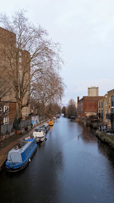 A street view along Clapton Pond featuring a narrow waterway with calm water reflecting the overcast sky. On the left side, there are leafless trees with bare branches extending over the canal, and a 